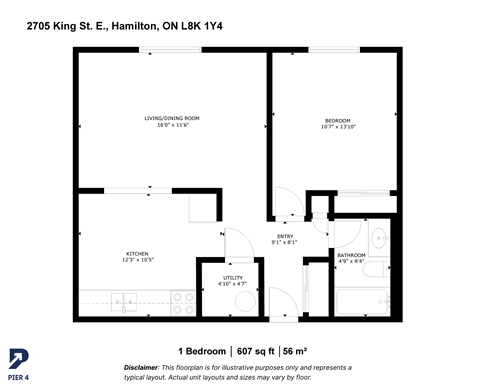 Floor plan for 1 bed, 1 bath, 607 sqft